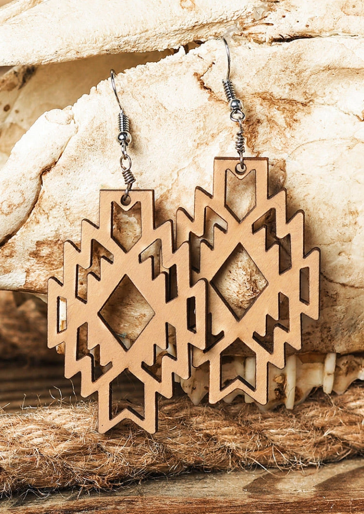 西洋の中空アウトアステカ幾何学的な木製のイヤリング #4