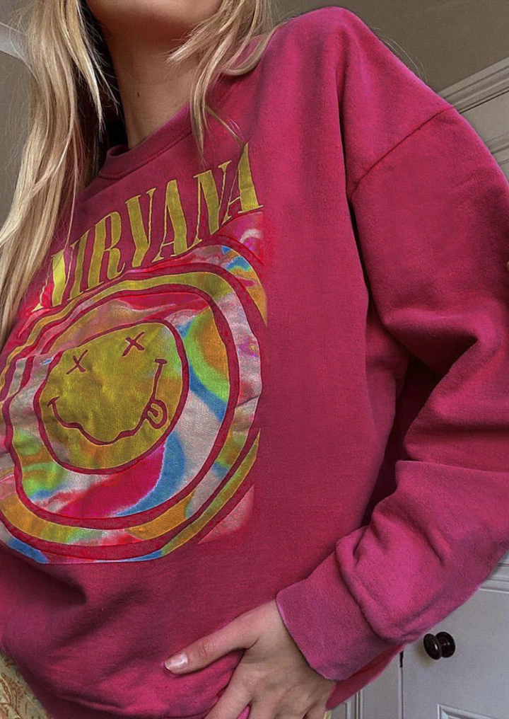 Vintage Nirvana Smile Face Pullover Sweatshirt - Plum #4
