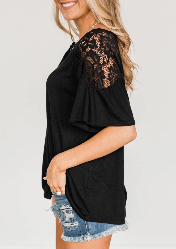 Lace Splicing Hollow Out Tie Blouse - Black #3