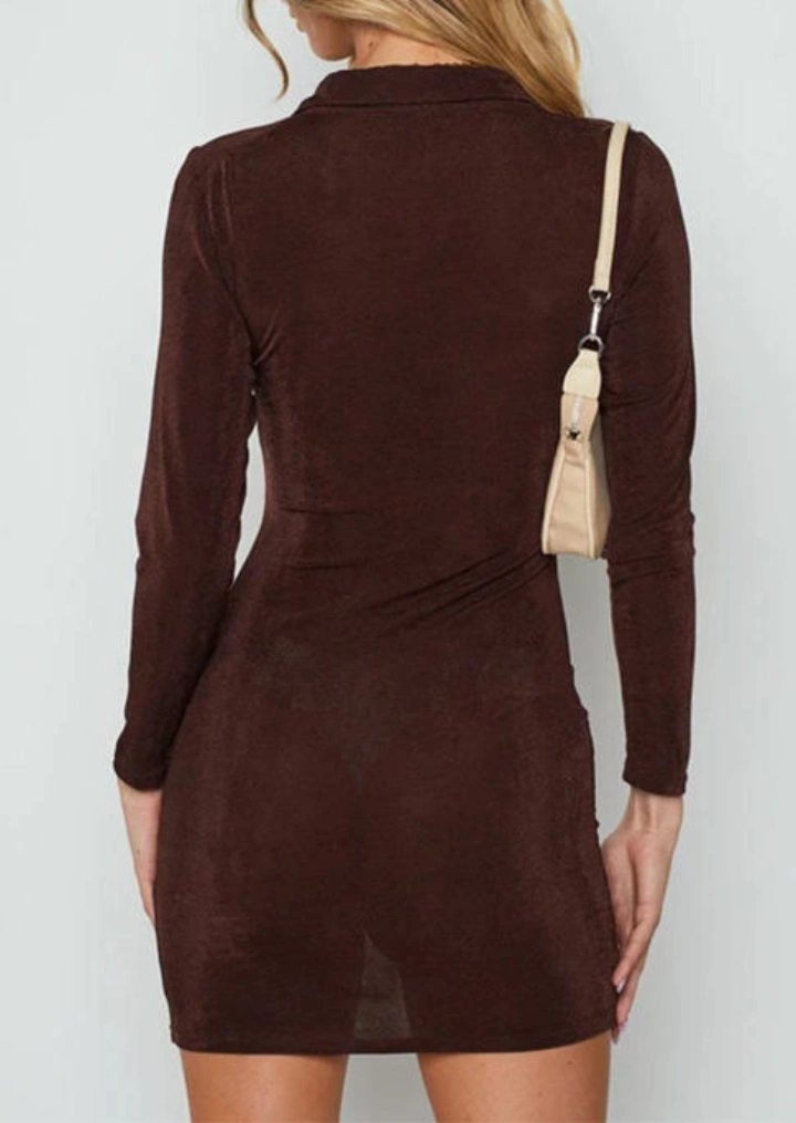 Ruched Button Long Sleeve Bodycon Dress - Brown #4