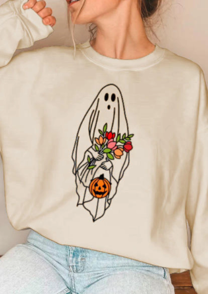 Halloween Pumpkin Ghost Floral Sweatshirt - Beige #4