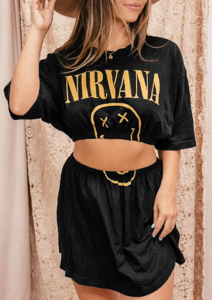 Nirvana Crop Top Și Talie Înaltă Fusta Mini Tinuta-Negru #1