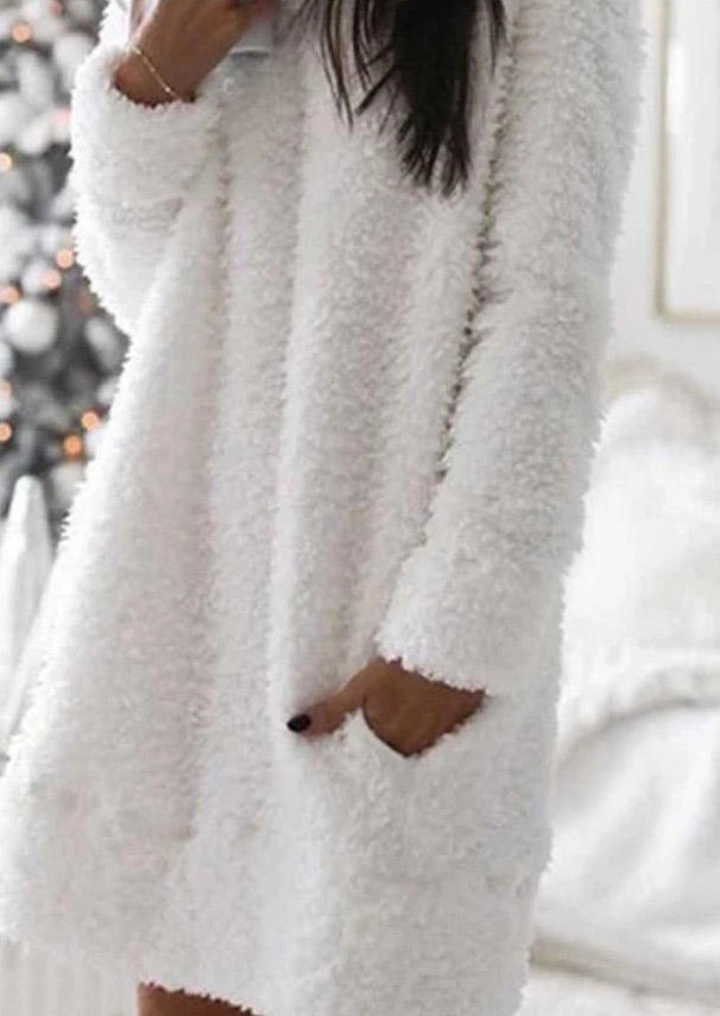 Rochie Mini Fuzzy De Buzunar Cu Mânecă Lungă-Alb #3
