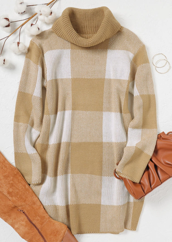 Sweter W Kratę Z Długim Rękawem Mini Sukienka-Khaki #3