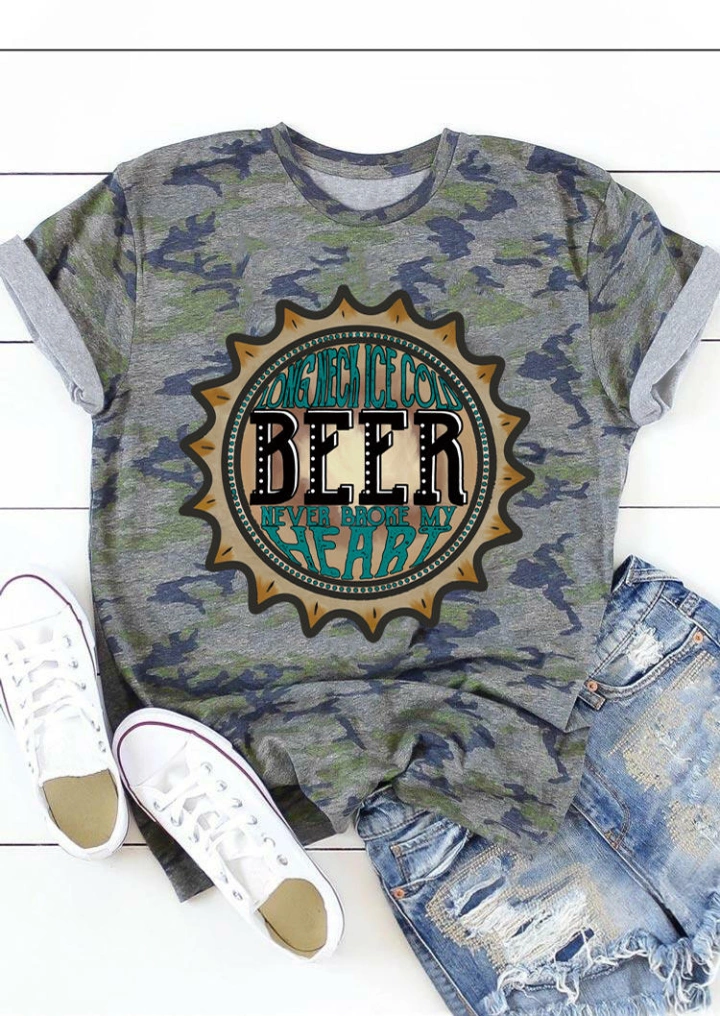 Camouflage Beer Never Broke My Heart T-Shirt Tee #1