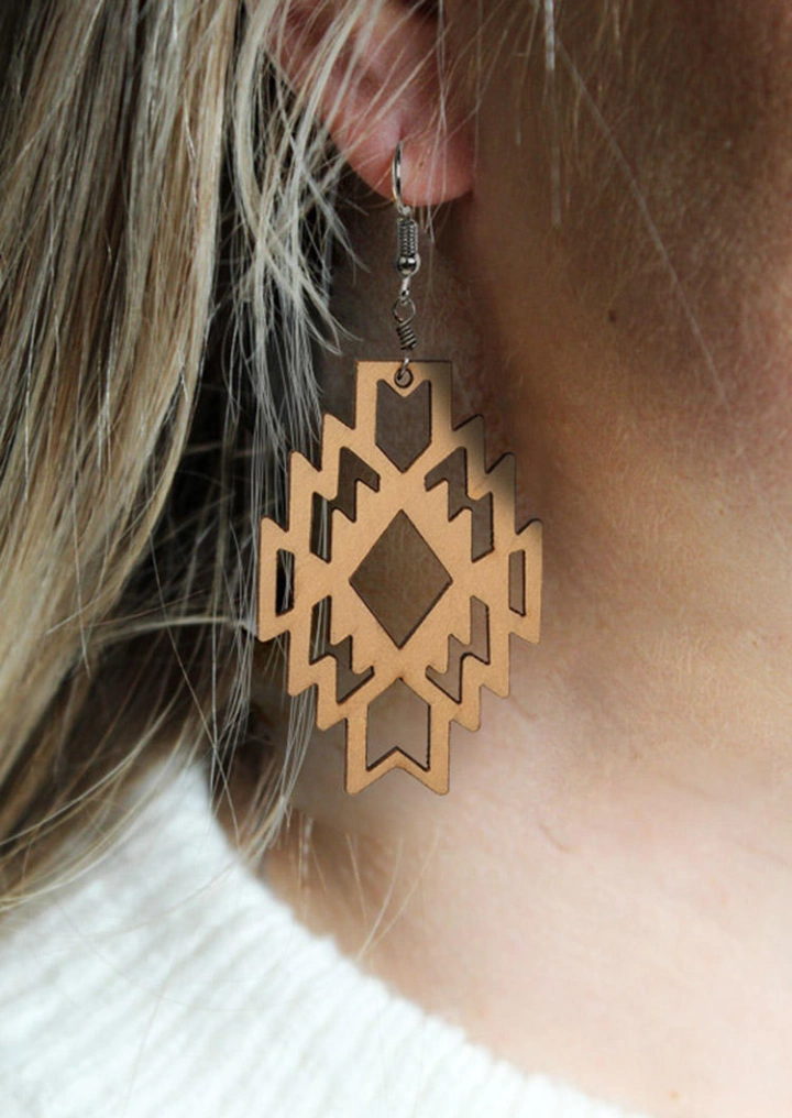 Western Hollow Out Aztec Geometric Wooden Earrings #3