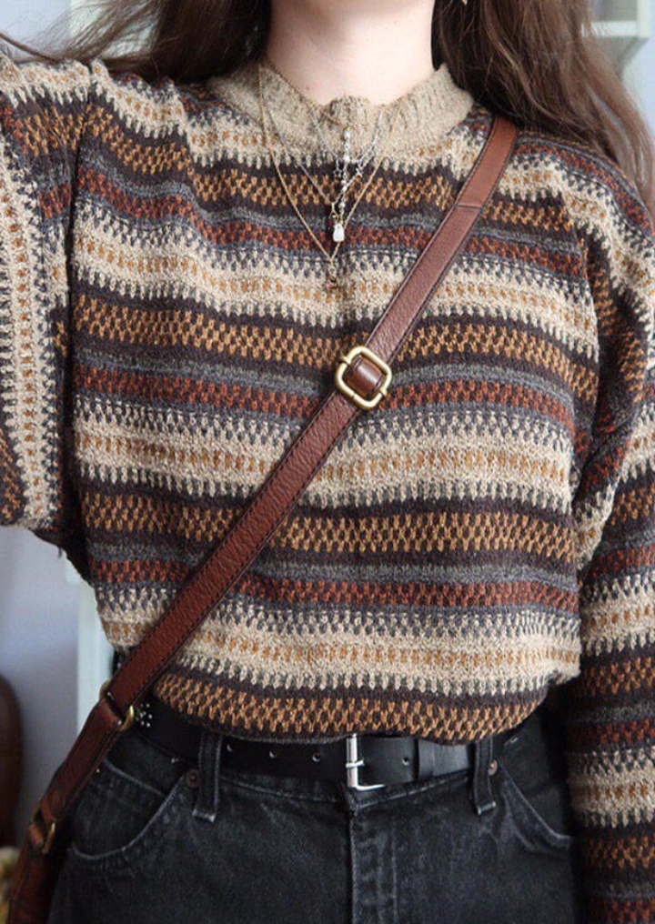 Vintage Striped O-Neck Long Sleeve Sweater - Brown #1