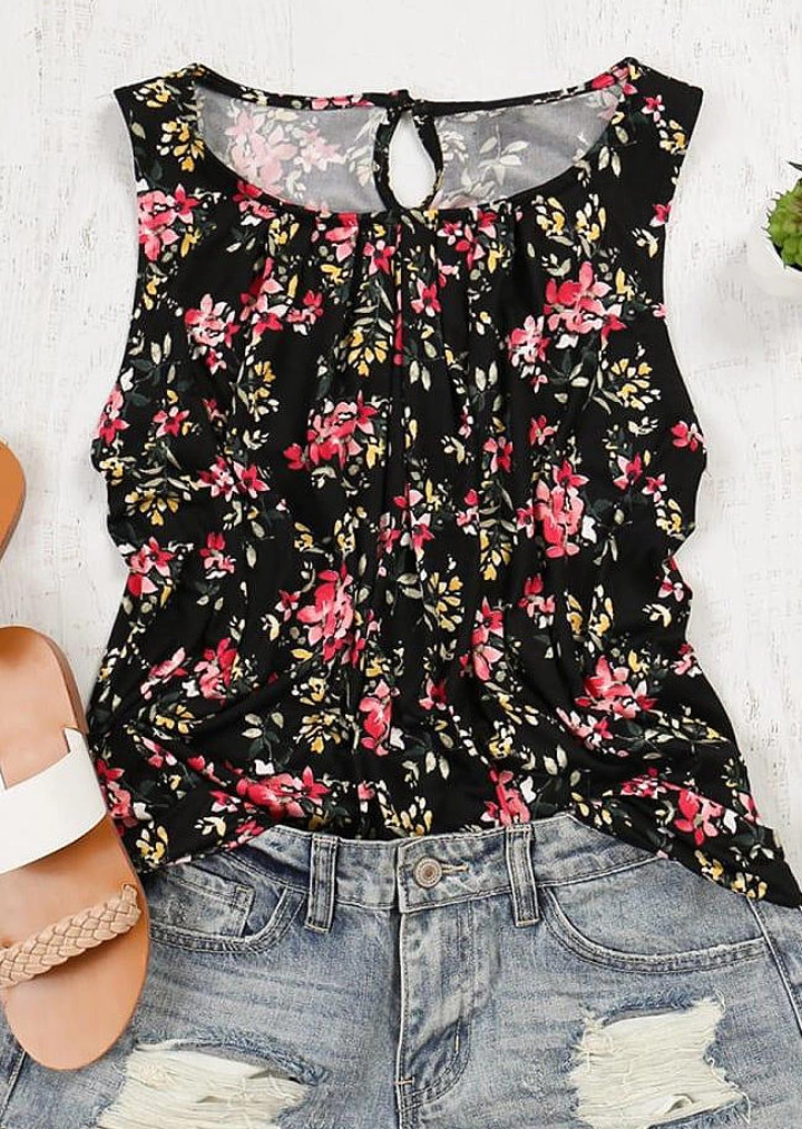 Floral Ruffled Cut Out Tank - Black #1