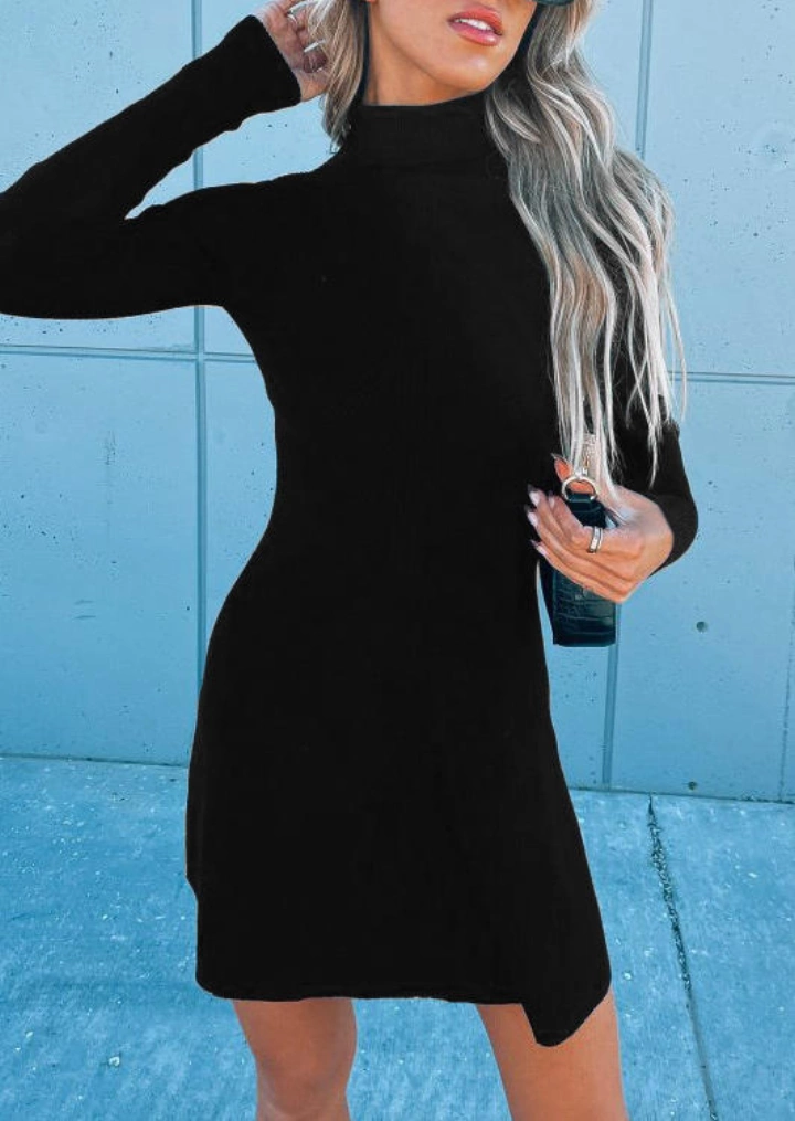 बुना हुआ लंबी आस्तीन मिनी पोशाक-काला #3