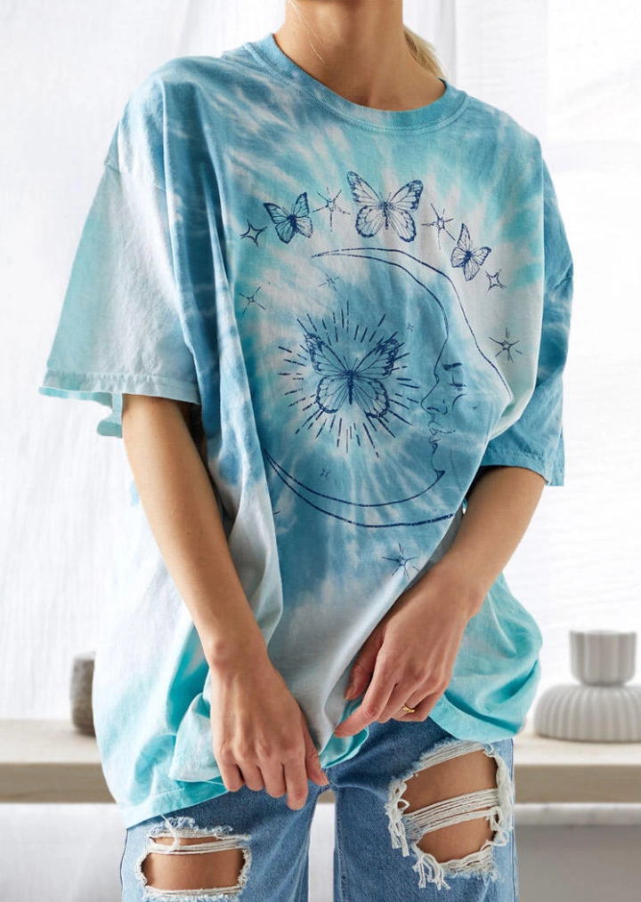 Tie Dye Butterfly Moon T-Shirt Tee-Γαλάζιο #1