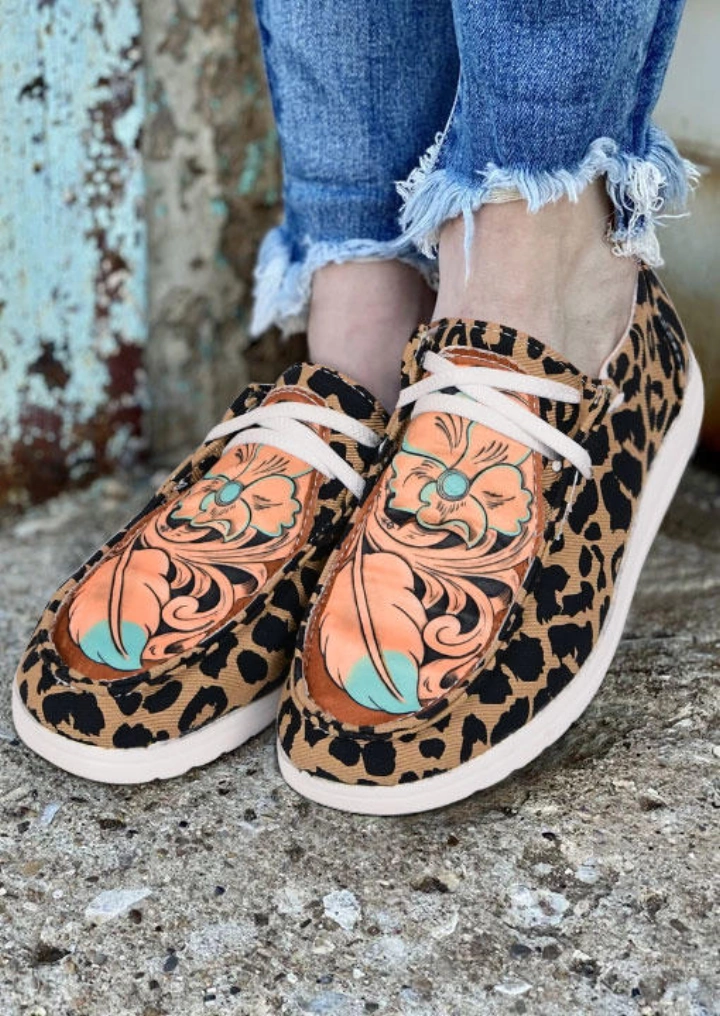 Leopard Lace Up Round Toe Επίπεδη Πάνινα Παπούτσια #2