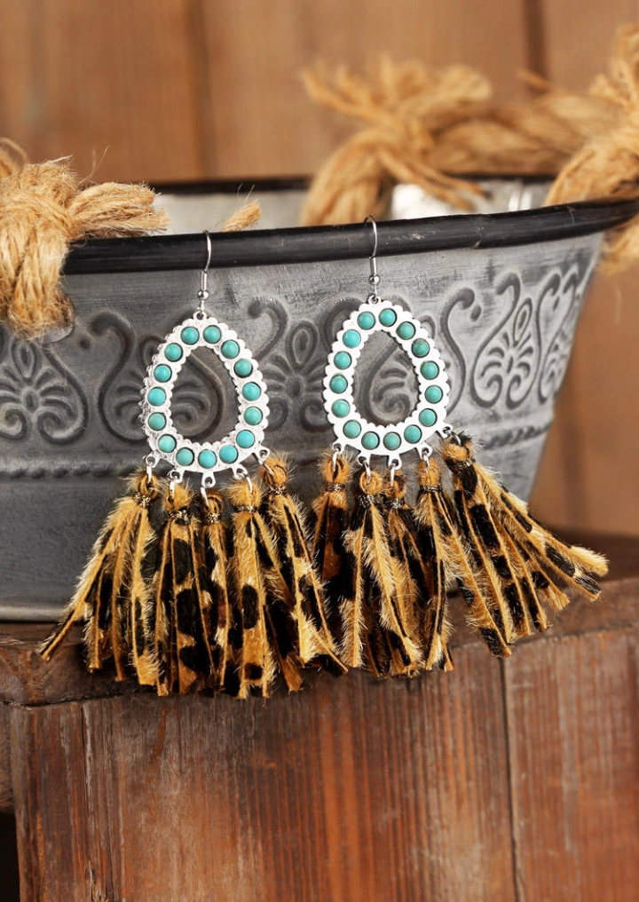 Leopard Tassel Hollow Out Turquoise Anting #2