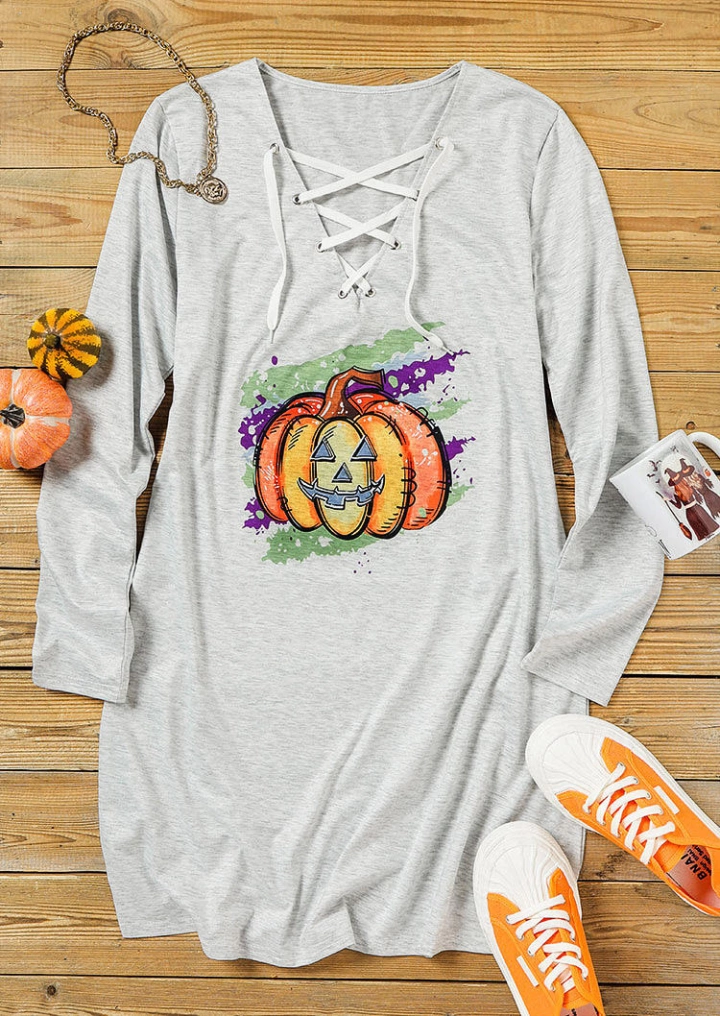 Halloween Lace Up Pumpkin Mini Dress - Light Grey #2