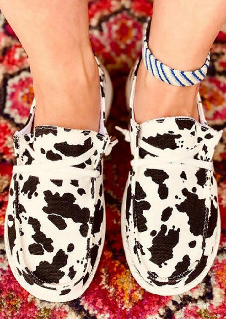 Cow Print Lace Up Round Toe Flat Sneakers #2