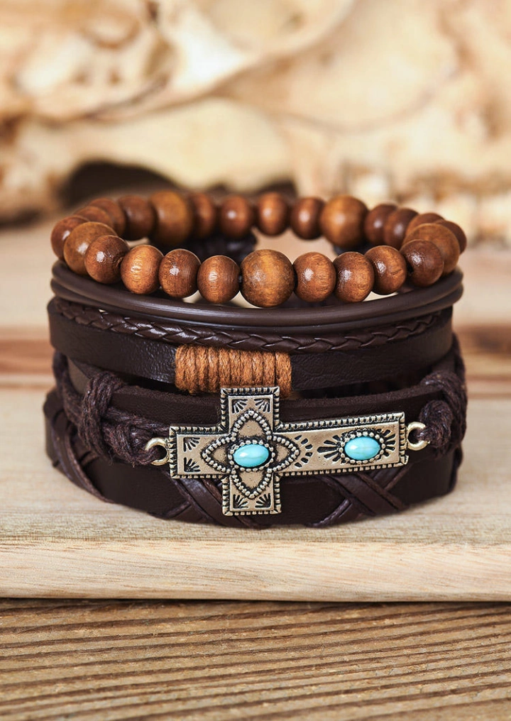 4Pcs Turquoise Cross Beading Leather Bracelet Set #1