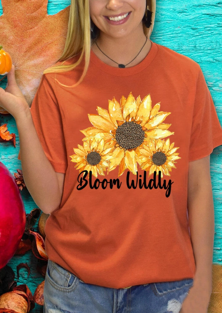 Bloom Wildly Leopard Sunflower O-Neck T-Shirt Tee - Orange #2