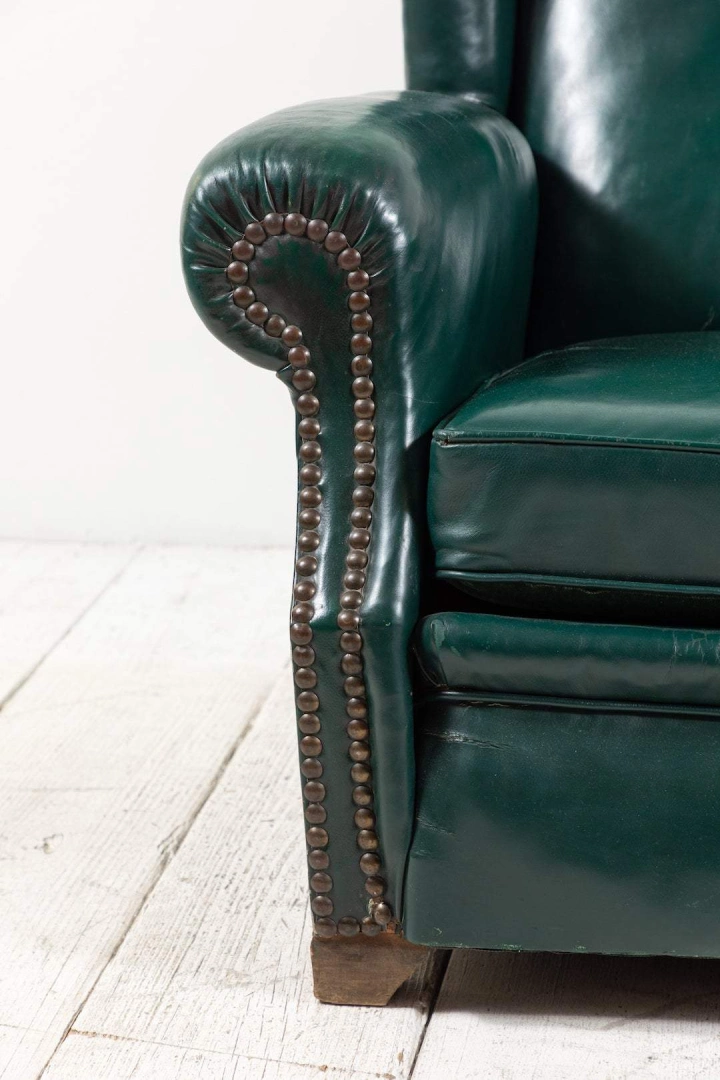 Pair Of French Green Leather Wingback Chairs #7