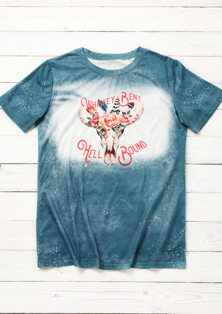 Steer Skull Floral Bleached T-Shirt Tee - Cyan #2