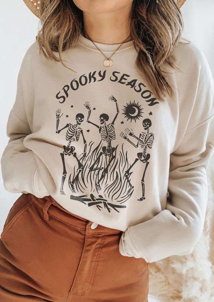 Halloween Skeleton Spooky Season Sweatshirt - Beige #1