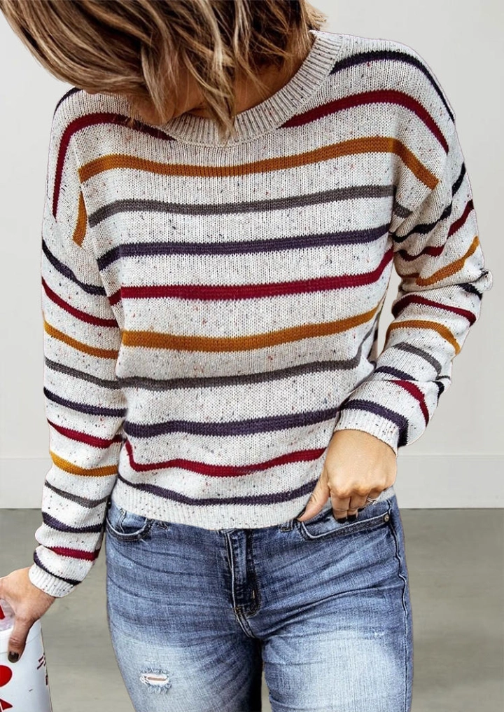 Coloful धारीदार ओ-गर्दन लंबी आस्तीन स्वेटर #1