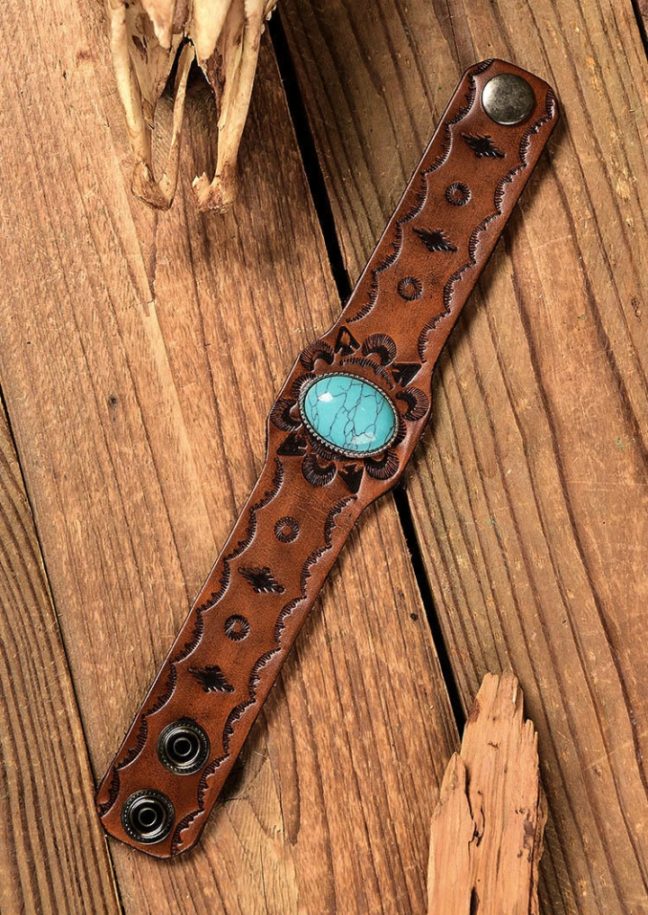 Bracelet En Cuir Large Gaufré Turquoise Vintage #5