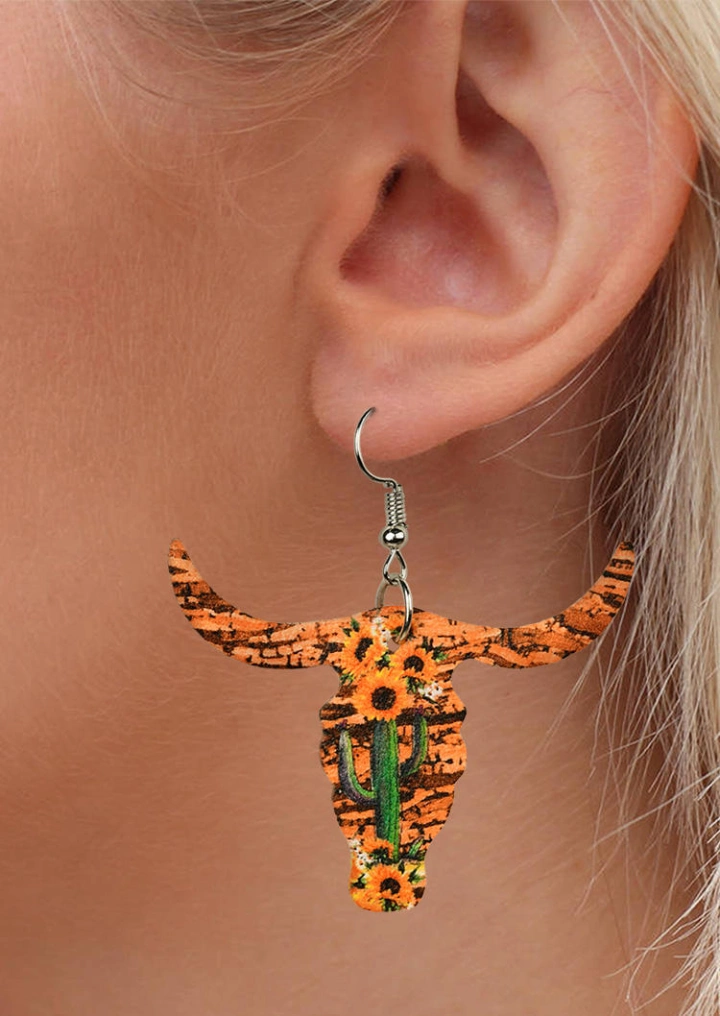 Steer Skull Cactus Floral Earrings #2