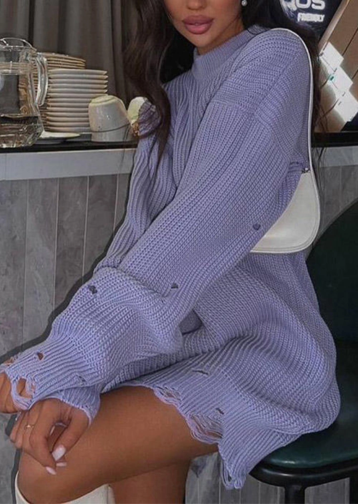 구멍을 드롭 어깨 긴 소매 스웨터 미니 드레스-색 #2