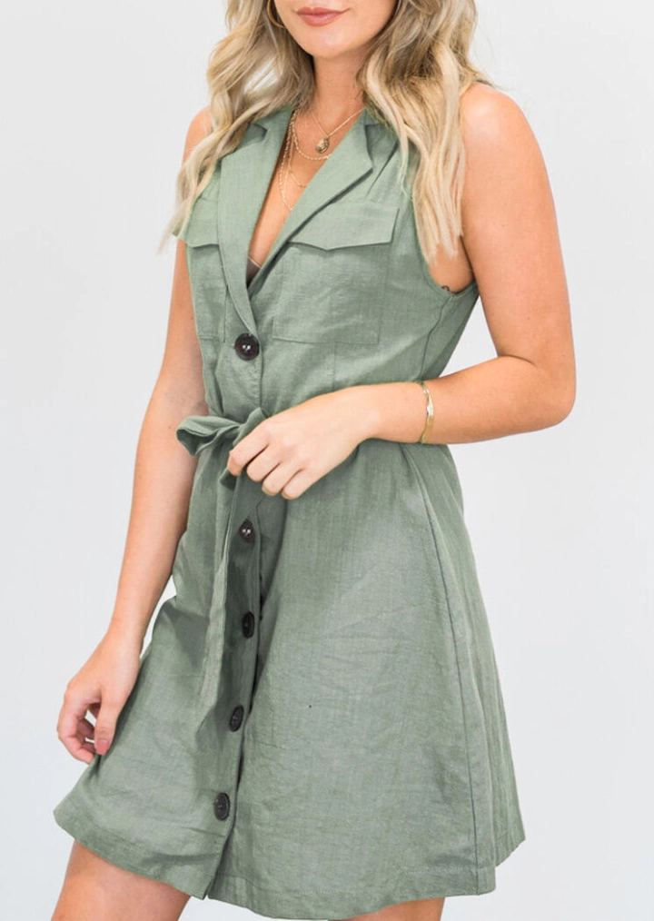Button Pocket Tie Mini Dress without Necklace - Light Green #3