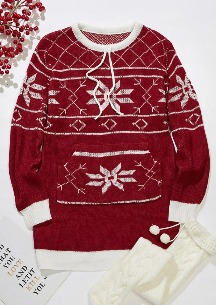 Christmas Snowflake Pocket Sweater Mini Dress - Red #2