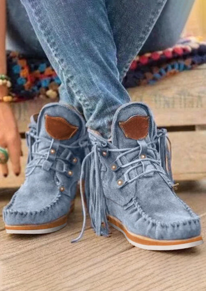 Tassel Lace Up Ankle Flat Boots - Sky Blue #1