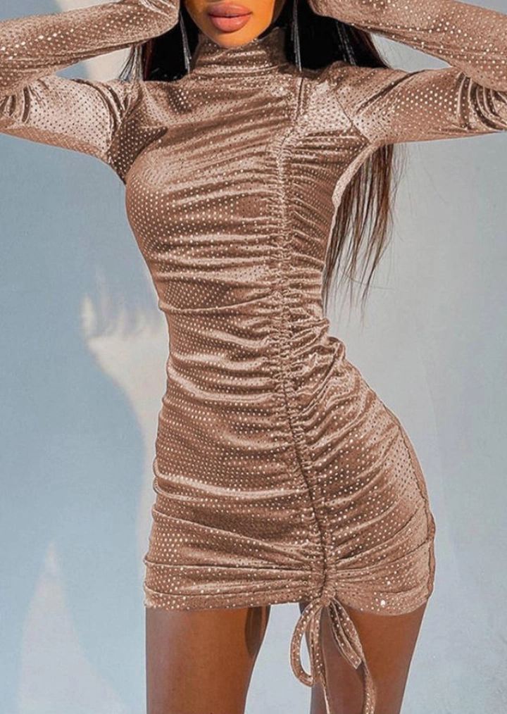 Velvet Drawstring Ruched Glitter Bodycon Dress - Gold #2