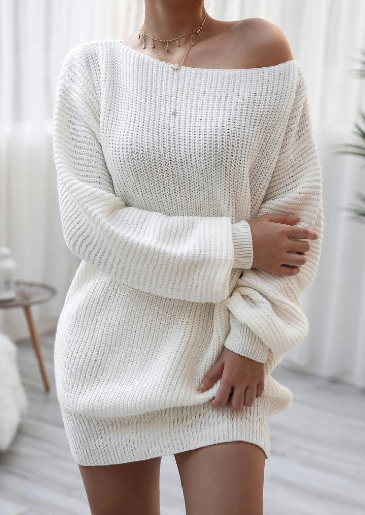 Drop Shoulder Luźny Sweter Mini Sukienka-Szary #2
