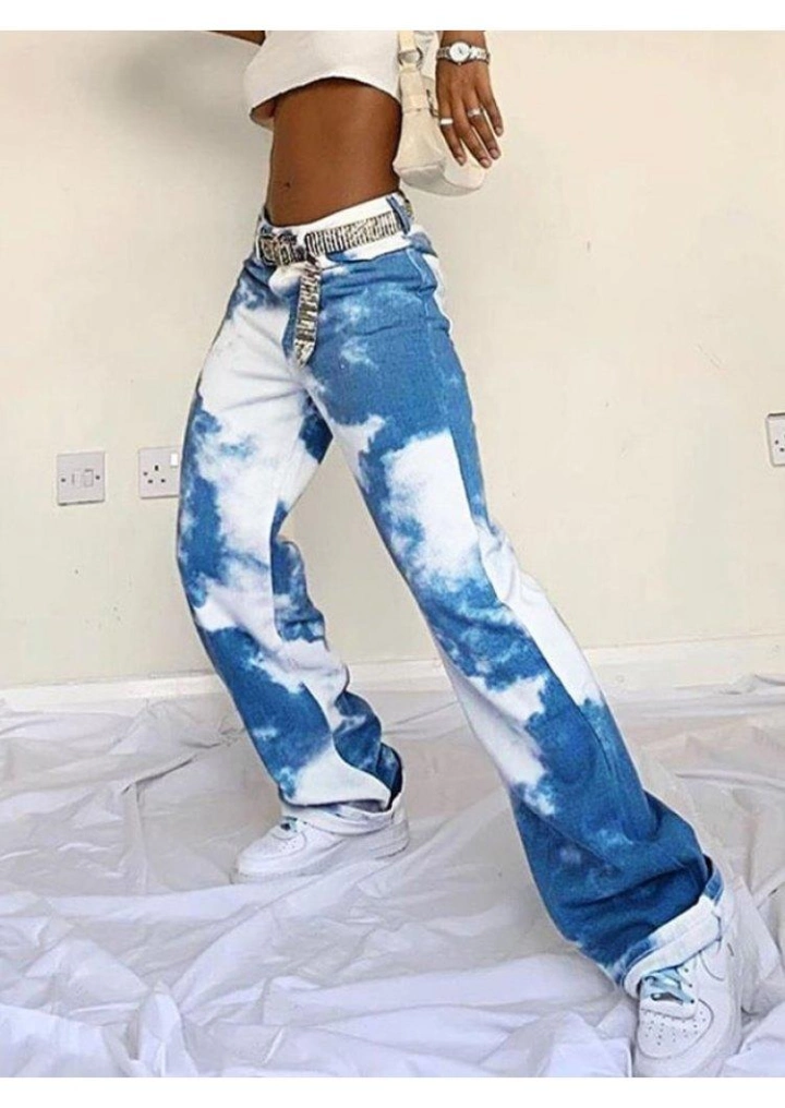 Tie Dye Mid Waist Straight Jeans Spodnie-Sky Blue #3