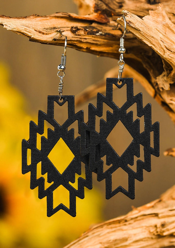 西洋の中空アウトアステカ幾何学的な木製のイヤリング #5