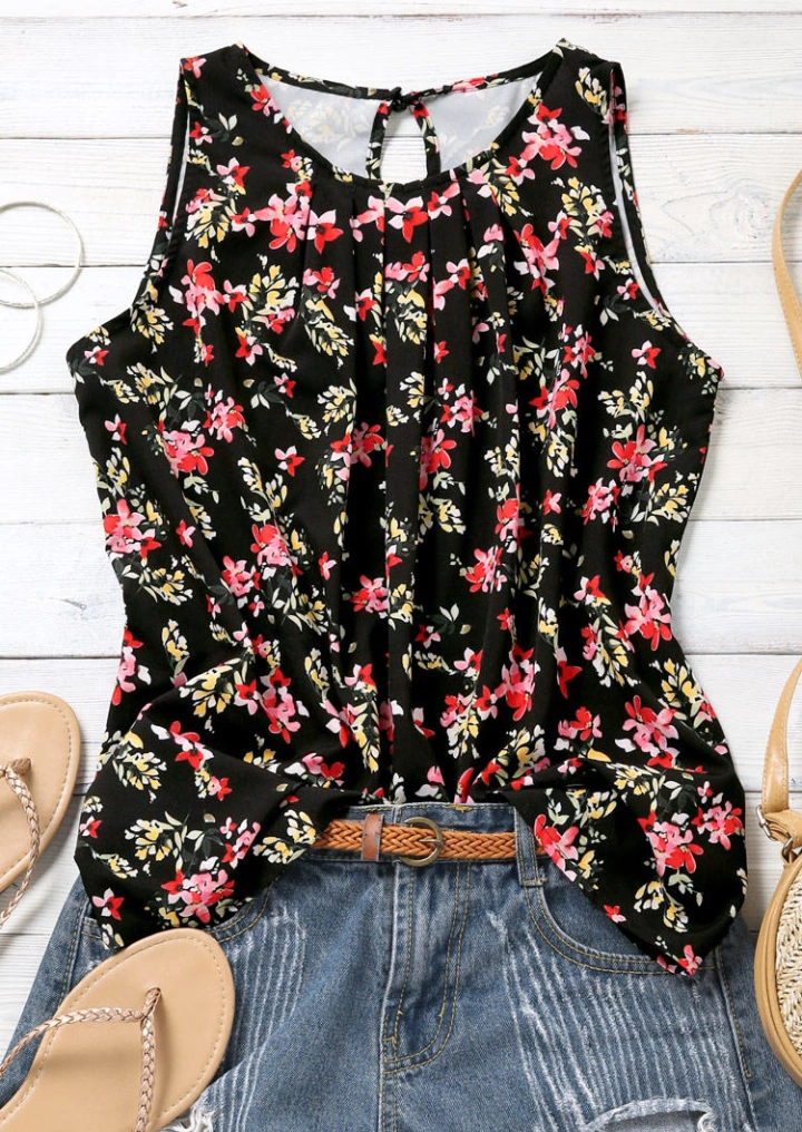 Floral Ruffled Cut Out Tank - Black #2
