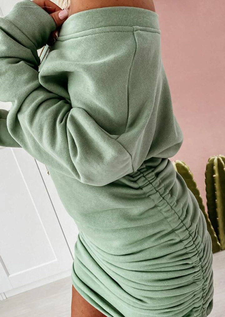Ruched Drawstring Long Sleeve Bodycon Dress - Light Green #5